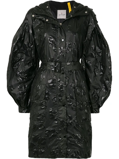 Shop Moncler Floral-embossed Belted Raincoat In Black
