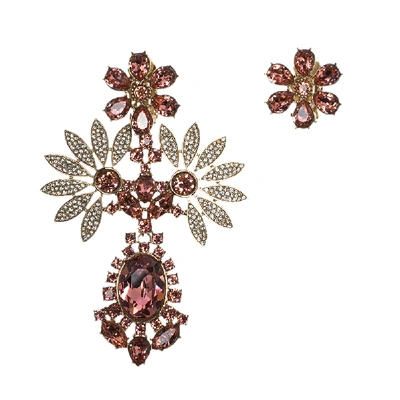 Pre-owned Burberry Pink Flower Crystal Gold Tone Clip-on Asymmetric Stud Drop Earrings