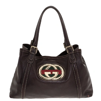 Pre-owned Gucci Dark Brown Leather Medium Gg Britt Tote