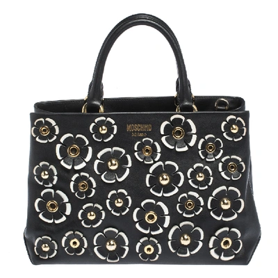 Pre-owned Moschino Black Floral Applique Leather Tote