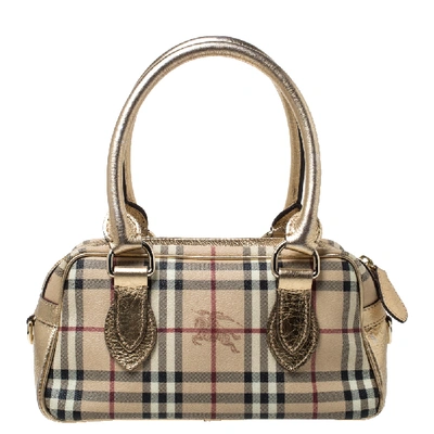 Pre-owned Burberry Gold/beige Haymarket Check Pvc And Patent Leather Bowler Bag
