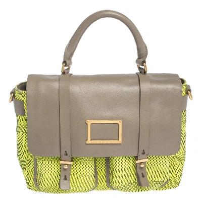 Pre-owned Marc By Marc Jacobs Neon Green/grey Woven Patent Leather And Nylon Werdie Top Handle Bag