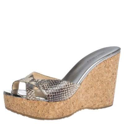 Pre-owned Jimmy Choo Grey/white Snake Embossed Leather Pandora Cork Wedges Size 39