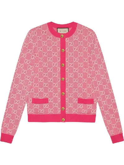 Shop Gucci Gg Jacquard Crew Neck Cardigan In Pink