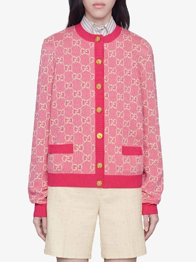 Shop Gucci Gg Jacquard Crew Neck Cardigan In Pink