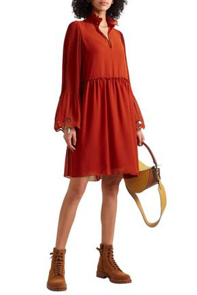 Shop See By Chloé Broderie Anglaise-trimmed Plissé-paneled Georgette Dress In Brick