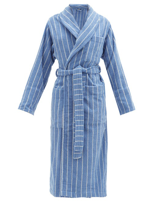 Tekla Fabrics Striped Cotton-terry Bathrobe In Blue Stripe | ModeSens