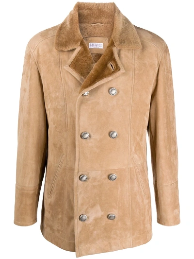 Shop Brunello Cucinelli Double-breasted Shearling Coat In Neutrals