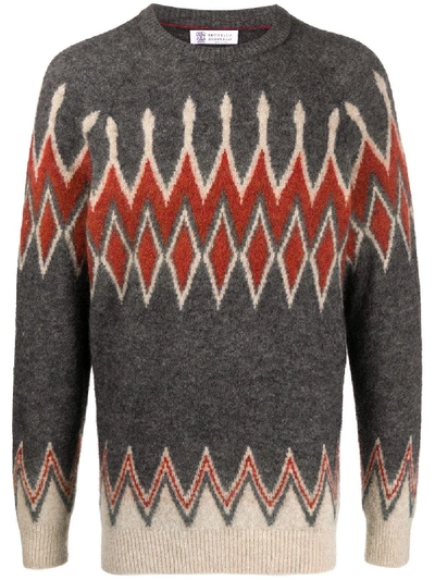 Shop Brunello Cucinelli Crew-neck Argyle Sweater In Grey