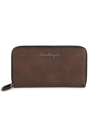 Shop Ferragamo Pebbled Leather 2-section Zip-around Wallet In Tobacco