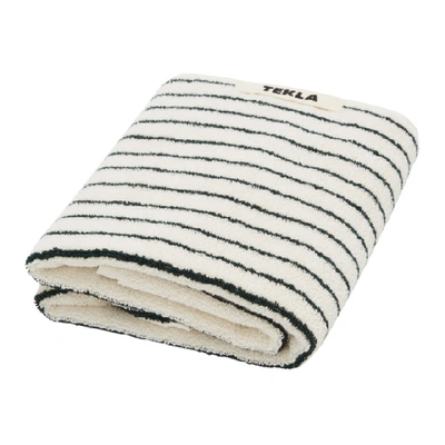 Shop Tekla Off-white And Green Striped Organic Hand Towel In Racing Gree