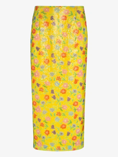 Shop Bernadette Yellow Roxane Sequin Floral Midi Skirt