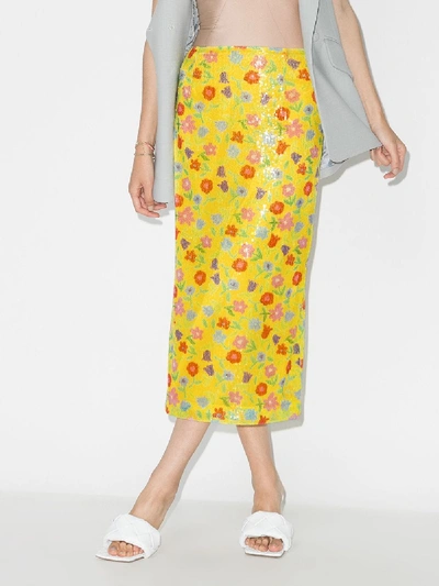 Shop Bernadette Yellow Roxane Sequin Floral Midi Skirt
