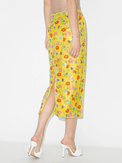 Shop Bernadette Yellow Roxane Sequin Floral Midi Skirt