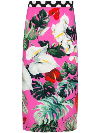 Shop Dolce & Gabbana Leaf-print Silk-blend Pencil Skirt In Pink