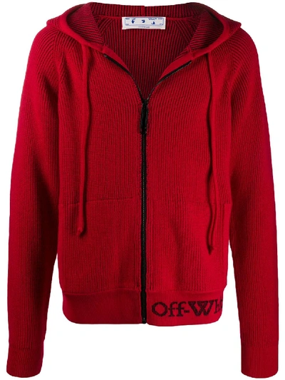 Shop Off-white Logo-motif Knitted Hoodie In Red