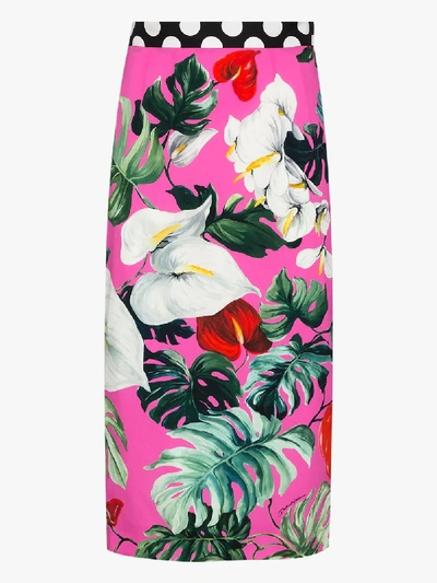 Shop Dolce & Gabbana Leaf Print Midi Pencil Skirt In Pink