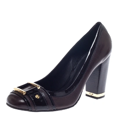 Pre-owned Tory Burch Brown Leather And Patent Leather Block Heel Pumps Size 38.5