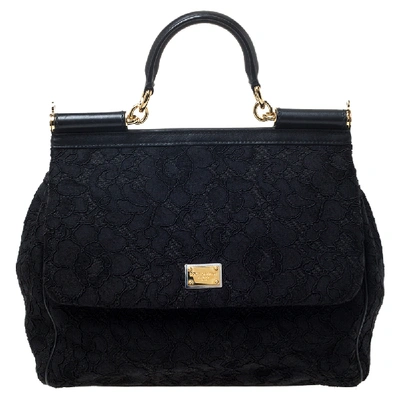 Pre-owned Dolce & Gabbana Black Lace And Leather Miss Sicily Top Handle Bag