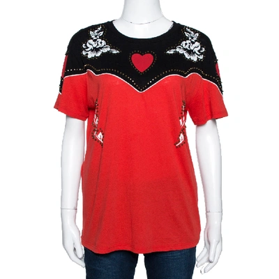 Pre-owned Gucci Red Studded Rose Print Cotton T-shirt M
