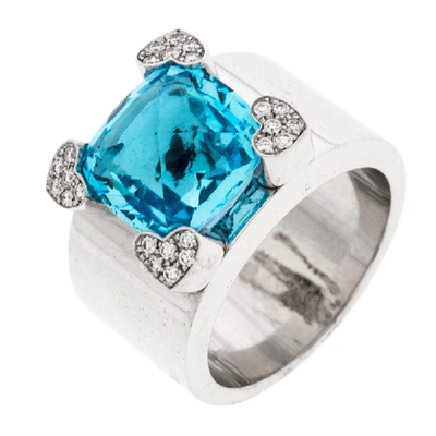 Pre-owned Chopard Blue Topaz & Diamond 18k White Gold Ring Size 54.5