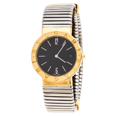 Pre-owned Bvlgari Black 18k Yellow Gold And Stainless Steel Tubogas Women's Wristwatch 30mm