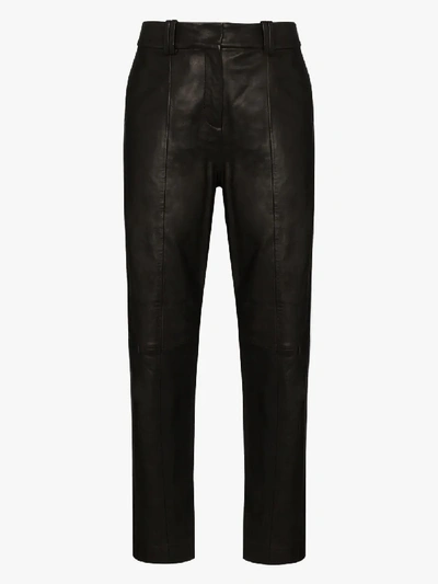 Shop Balmain Black High Waist Leather Trousers