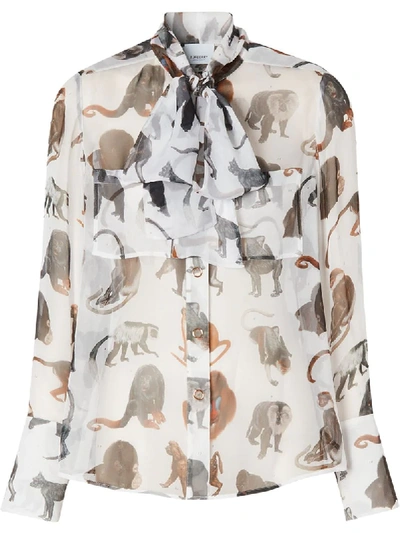 Shop Burberry Monkey Print Silk Pussy-bow Blouse In White