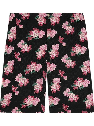 Shop Gucci Peony Print Shorts In Black