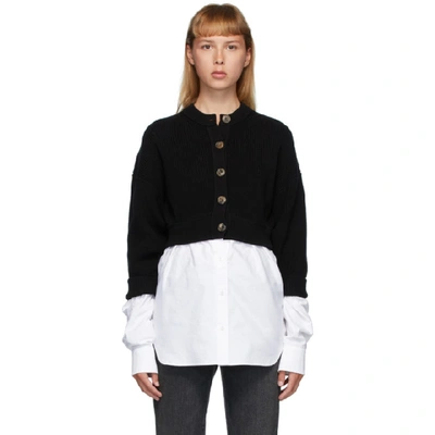 Shop Alexander Wang T Black Bi-layer Oxford Shirting Cardigan In 965 Black/w