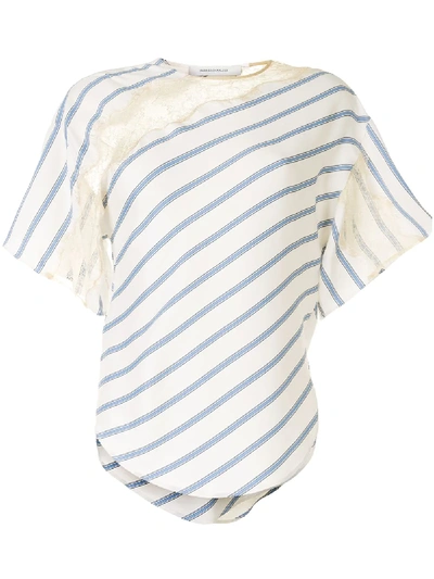 Shop Cedric Charlier Lace Panelled Striped T-shirt In White