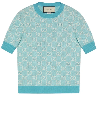 Shop Gucci Gg Jacquard Motif Knitted Top In Blue