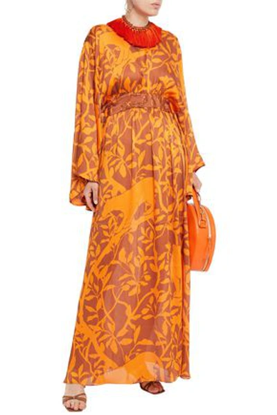 Shop Johanna Ortiz Tassel-trimmed Embellished Printed Crepon Kaftan In Orange