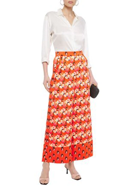 Shop Temperley London Dragonfly Floral-print Satin Wide-leg Pants In Bright Orange