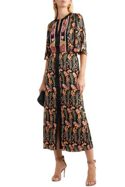 Shop Temperley London Rosy Embroidered Floral-print Crepe De Chine Midi Dress In Black