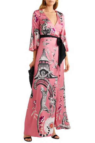 Shop Temperley London Euphoria Printed Satin-crepe Maxi Wrap Dress In Pink