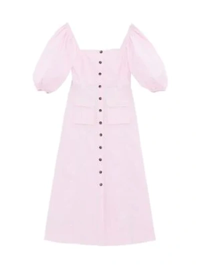 Shop Ganni Puff-sleeve Ripstop Midi Dress In Cherry Blossom