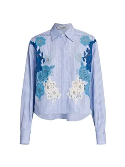 Shop Valentino Lace Pinstripe Cropped Button-down Shirt In Riga Celeste Bianco Blue Multi