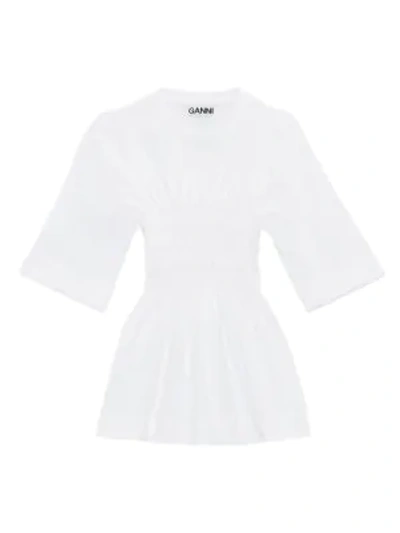 Shop Ganni Shirred Cotton Tunic In Bright White
