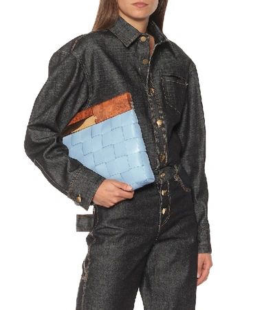 Shop Bottega Veneta Snap Intrecciato Leather Clutch In Blue