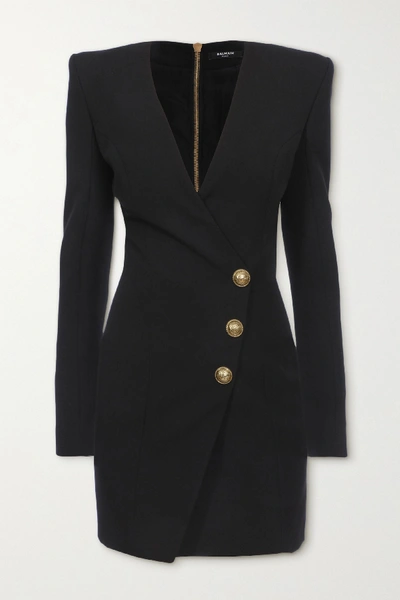 Shop Balmain Button-embellished Wool Mini Wrap Dress In Black