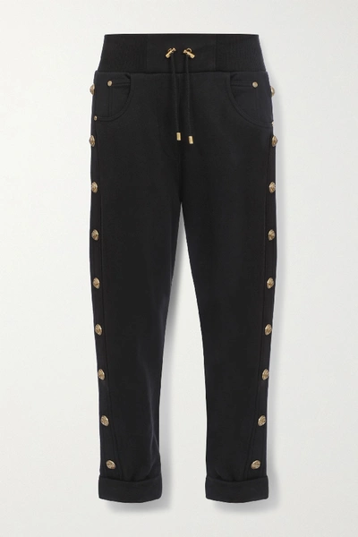 Shop Balmain Button-embellished Cotton-jersey Track Pants In Black