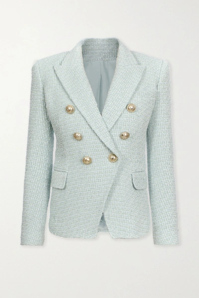 Shop Balmain Double-breasted Button-embellished Tweed Blazer In Sky Blue