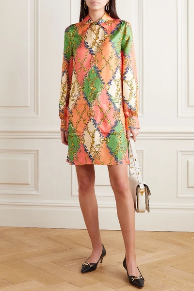 Shop Gucci Belted Printed Silk-twill Shirt Dress In Orange