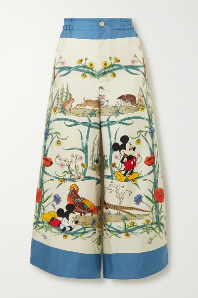 Shop Gucci + Disney Cropped Printed Silk-twill Wide-leg Pants In Ivory