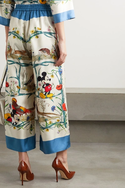 Shop Gucci + Disney Cropped Printed Silk-twill Wide-leg Pants In Ivory
