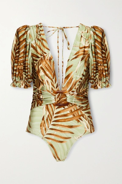 Shop Patbo Palmeira Belted Printed Swimsuit In Leaf Green