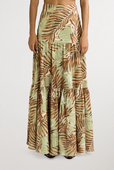 Shop Patbo Palmeira Tiered Printed Woven Maxi Skirt In Leaf Green