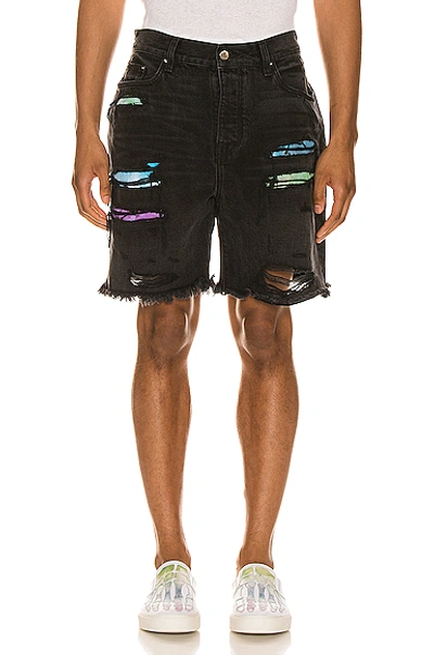 Shop Amiri Watercolor Patch Thrasher Shorts In Aged Black