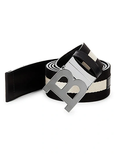 Shop Bally B Buckle Reversible Canvas-leather Belt In Black Beige